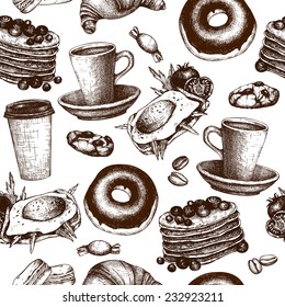 Vector seamless pattern with ink hand drawn breakfast  food illustration isolated on white for restaurant or cafe menu.