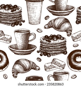 Vector seamless pattern with ink hand drawn breakfast or morning coffee illustration  for restaurant or bakery menu.