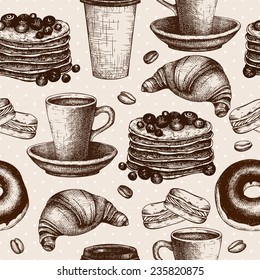 Vector seamless pattern with ink hand drawn breakfast or morning coffee illustration  for restaurant or bakery menu.