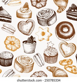 Vector seamless pattern with ink hand drawn cakes and pastries illustration isolated on white. Vintage bakery background.