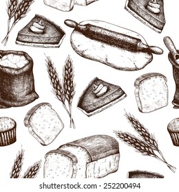 Vector seamless pattern with  ink hand drawn bread illustration isolated on white. Vintage bakery sketch background.