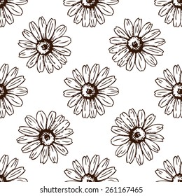Vector seamless pattern with ink hand drawn camomile illustration. Vintage background with chamomile  flowers sketch isolated on white