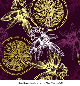 Vector seamless pattern with ink hand drawn orange fruit, flowers and leaves sketch.  Vintage citrus background 