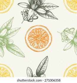 Vector Seamless Pattern With Ink Hand Drawn Orange Fruit, Flowers And Leaves Sketch. Vintage Citrus Background In Pastel Colors