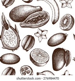Vector seamless pattern with  ink hand exotic fruits sketch for kitchen and restaurant design. Vintage tropical fruit background isolated on white.