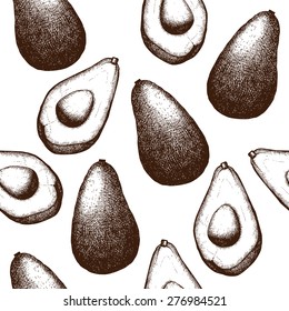 Vector seamless pattern with  ink hand avocado for kitchen and restaurant design. Vintage tropical fruit background isolated on white.