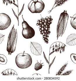 Vector seamless pattern with ink hand drawn thanksgiving day illustration. Harvest vintage background with traditional autumn fruits and vegetables