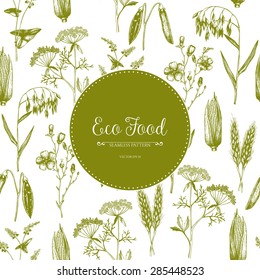 Vector seamless pattern with ink hand drawn agriculture plants sketch. Vintage farm plants illustration. Eco food background