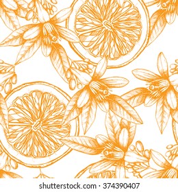 Vector seamless pattern with ink hand drawn orange fruit, flowers and leaves sketch. Vintage citrus background isolated on white