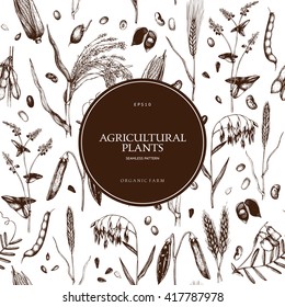 Vector seamless pattern  with ink hand drawn agricultural plants sketches. Vintage illustration with legumes, cereal crops, sunflower and flax. Farm fresh and organic products background.