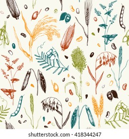 Vector seamless pattern with ink hand drawn agricultural plants sketches. Vintage illustration with legumes, cereal crops, sunflower and flax. Farm fresh and organic products background.