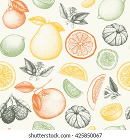 Vector seamless pattern with ink hand drawn citrus fruit, flowers, slice and leaves sketch. Vintage citrus background in pastel colors
