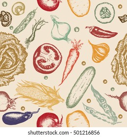 Vector seamless pattern with ink hand drawn vegetables, decorative vintage fresh organic food background. 