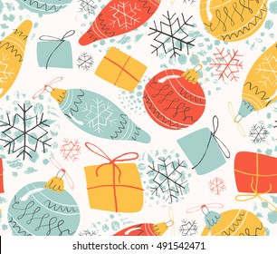 Vector seamless pattern with inky textures in vintage style for Christmas. The illustration with presents, snowflakes and decorations 
