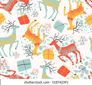 Vector seamless pattern with inky textures in vintage style for Christmas. The illustration with presents, snowflakes and deer
