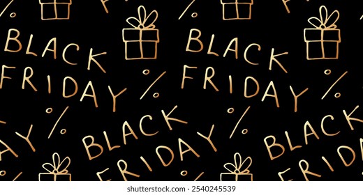 Padrão de vetor sem emenda com inscrição Black Friday, presentes e sinais de porcentagem. Fundo desenhado à mão e textura sobre tema de venda, desconto, ofertas comerciais e especiais. Tela de fundo manuscrita