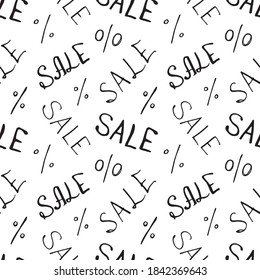 Vektornahtloses Muster mit Inschrift Sale und Prozentzeichen. Handgezeichneter Hintergrund und Textur zum Thema Black Friday, Rabatte, Promo, kommerzielle und spezielle Angebote. Handgeschriebener Hintergrund