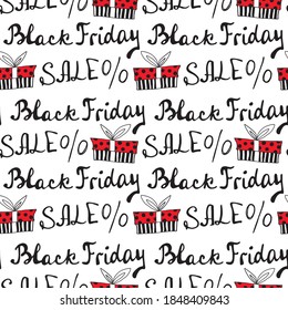 Vektornahtloses Muster mit Inschriftenverkauf, Geschenken und Prozentzeichen. Handgezeichneter Hintergrund und Textur zum Thema Black Friday, Rabatte, kommerzielle und spezielle Angebote. Handgeschriebener Hintergrund