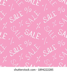 Vector seamless pattern with inscription Sale and percent signs. Hand drawn background and texture on theme of Black Friday, discounts, promo, commercial and special offers. Handwritten backdrop