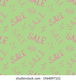 Vektornahtloses Muster mit Inschrift Sale und Prozentzeichen. Handgezeichneter Hintergrund und Textur zum Thema Black Friday, Rabatte, Promo, kommerzielle und spezielle Angebote. Handgeschriebener Hintergrund