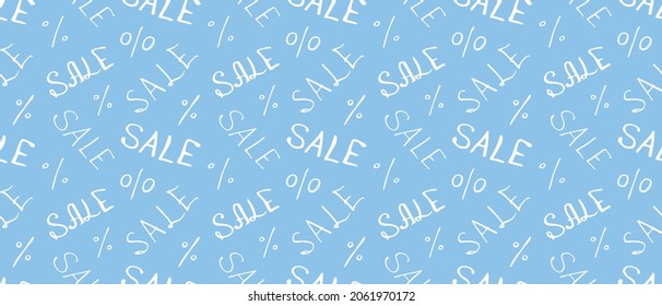 Vector seamless pattern with inscription Sale and percent signs. Hand drawn background and texture on theme of Black Friday, discounts, promo, commercial and special offers. Handwritten backdrop