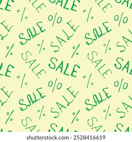 Vektor nahtloses Muster mit Inschrift Verkauf und Prozentzeichen. Handgezeichneter Hintergrund und Textur zum Thema Black Friday, Rabatte, Promo, kommerzielle und spezielle Angebote. Handgeschriebener Hintergrund