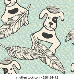 Vector seamless pattern with inscriptions, draw feathers and a dogs in Santa hats