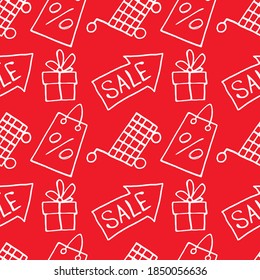 Vector seamless pattern with inscriptions and symbols Sale. Hand drawn background and texture on theme of Black Friday, discounts, shopping and special offers