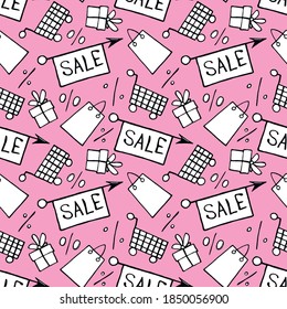Vector seamless pattern with inscriptions and symbols Sale. Hand drawn background and texture on theme of Black Friday, discounts, shopping and special offers