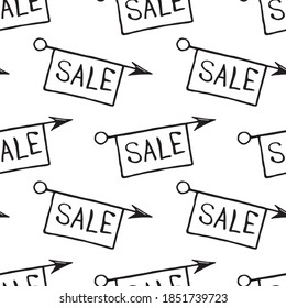 Vector seamless pattern with inscriptions and symbols Sale. Hand drawn background and texture on theme of Black Friday, discounts, promo, commercial and special offers