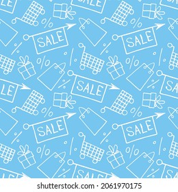 Vector seamless pattern with inscriptions and symbols Sale. Hand drawn background and texture on theme of Black Friday, discounts, shopping and special offers
