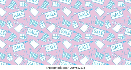 Vector seamless pattern with inscriptions and symbols Sale. Hand drawn background and texture on theme of Black Friday, discounts, shopping and special offers