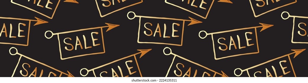 Vector seamless pattern with inscriptions and symbols Sale. Hand drawn background and texture on theme of Black Friday, discounts, promo, commercial and special offers