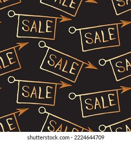 Vector seamless pattern with inscriptions and symbols Sale. Hand drawn background and texture on theme of Black Friday, discounts, promo, commercial and special offers