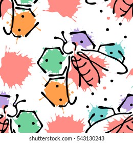 Vector seamless pattern with insect Bees with honeycomb, decorative elements, splash blots drop on the white background. Hand drawn contour lines and strokes. Doodle style, graphic vector illustration