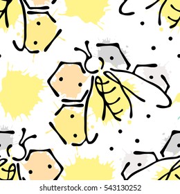 Vector seamless pattern with insect Bees with honeycomb, decorative elements, splash blots, drop on the white background Hand drawn contour lines and strokes. Doodle style, graphic vector illustration