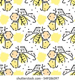 Vector seamless pattern with insect Bees with honeycomb, decorative elements, splash, blots drop on the white background Hand drawn contour lines and strokes Doodle style, graphic vector illustration.