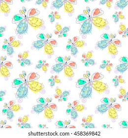 Vector seamless pattern with insect. Drawn decorative endless background with butterfly. Graphic illustration.