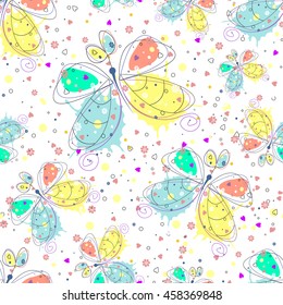 Vector seamless pattern with insect. Drawn decorative endless background with butterfly. Graphic illustration.
