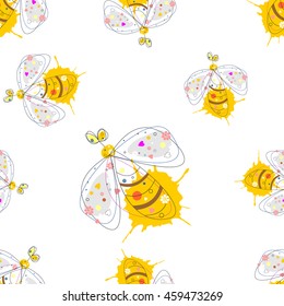 Vector seamless pattern with insect. Drawn decorative endless background with cute drawn wasp. Graphic illustration. Line drawing.