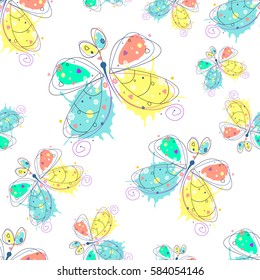 Vector seamless pattern with insect Hand drawn outline decorative endless background with cute drawn butterfly Graphic illustration. Line drawing. Print for wrapping, background, decor.