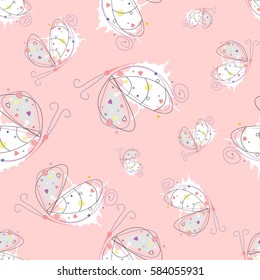 Vector seamless pattern with insect Hand drawn outline decorative endless background with cute drawn butterfly Graphic illustration. Line drawing. Print for wrapping, background, decor.