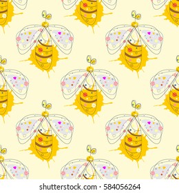 Vector seamless pattern with insect Hand drawn outline decorative endless background with cute drawn wasp Graphic illustration. Line drawing. Print for wrapping, background, decor.