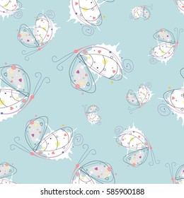 Vector seamless pattern with insect Hand drawn outline decorative endless background with cute drawn butterfly Graphic illustration. Line drawing. Print for wrapping, background, decor
