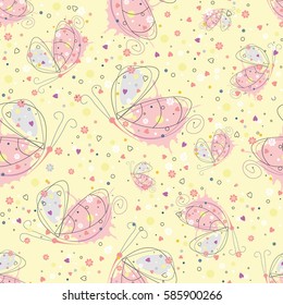Vector seamless pattern with insect Hand drawn outline decorative endless background with cute drawn butterfly Graphic illustration. Line drawing. Print for wrapping, background, decor