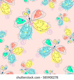 Vector seamless pattern with insect Hand drawn outline decorative endless background with cute drawn butterfly Graphic illustration. Line drawing. Print for wrapping, background, decor