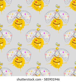 Vector seamless pattern with insect Hand drawn outline decorative endless background with cute drawn wasp Graphic illustration. Line drawing. Print for wrapping, background, decor