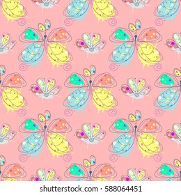 Vector seamless pattern with insect Hand drawn outline decorative endless background with cute drawn butterfly, flowers Graphic illustration. Line drawing. Print for wrapping, background, decor.