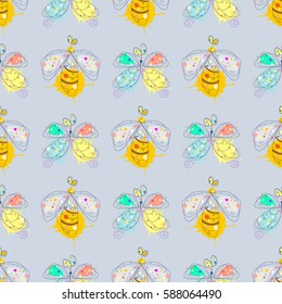 Vector seamless pattern with insect Hand drawn outline decorative endless background with cute drawn butterfly, wasp Graphic illustration. Line drawing. Print for wrapping, background, decor.