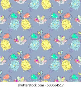 Vector seamless pattern with insect Hand drawn outline decorative endless background with cute drawn butterfly, flowers Graphic illustration. Line drawing. Print for wrapping, background, decor.
